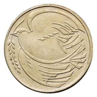 A stylised dove flying left with a leafy sprig in its beak, its wing and tail sweeping right, and no lettering