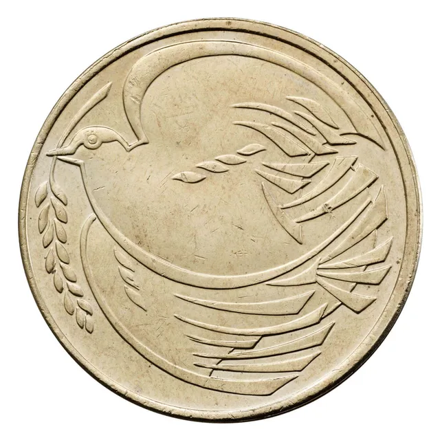 A stylised dove flying left with a leafy sprig in its beak, its wing and tail sweeping right, and no lettering