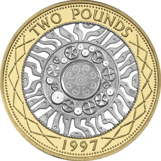 Four concentric rings of industrial progress, including a chain of gear wheels, TWO POUNDS above and the year below