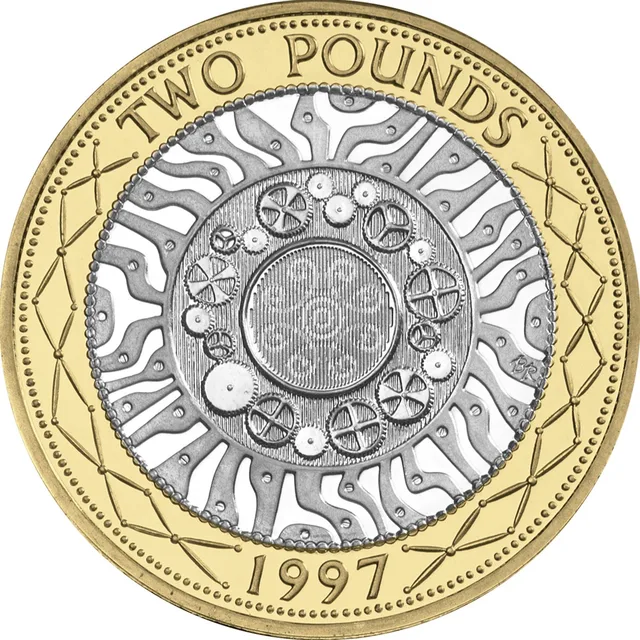 Four concentric rings of industrial progress, including a chain of gear wheels, TWO POUNDS above and the year below
