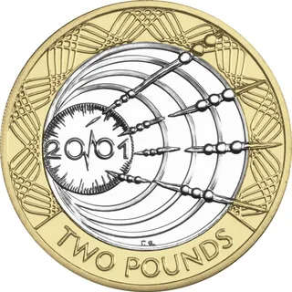 A small disc holding the date 2001 with a spark between its zeros, radio waves spreading right, TWO POUNDS below