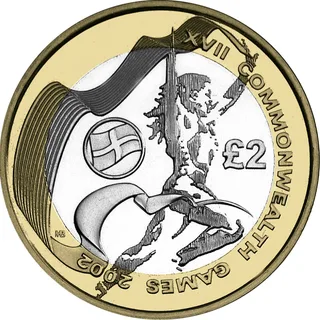 Athlete in motion drawn in loose lines, holding a banner, with St George's cross in a roundel at left and £2 at right