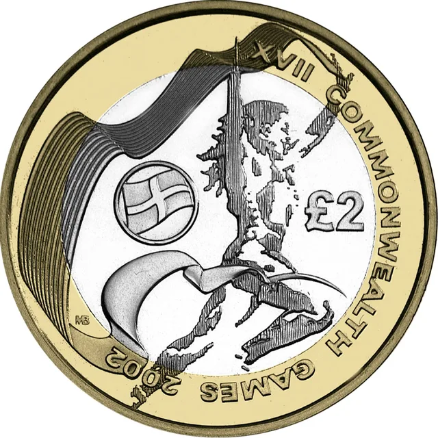 Athlete in motion drawn in loose lines, holding a banner, with St George's cross in a roundel at left and £2 at right