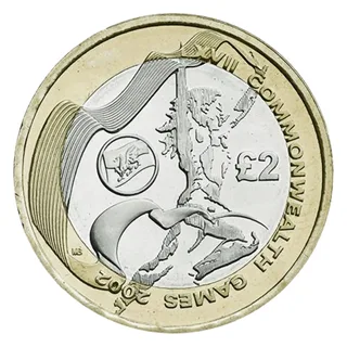 Athlete sketched in flowing lines holding up a banner, the Welsh dragon in a circle beside it and £2 to the right