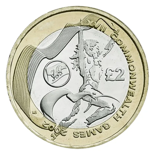Athlete sketched in flowing lines holding up a banner, the Welsh dragon in a circle beside it and £2 to the right