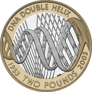 A DNA double helix across the coin over a grid, DNA DOUBLE HELIX above, TWO POUNDS between 1953 and 2003 below