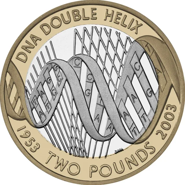 A DNA double helix across the coin over a grid, DNA DOUBLE HELIX above, TWO POUNDS between 1953 and 2003 below
