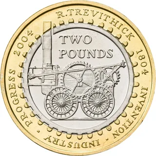 Trevithick's steam locomotive inside a cog wheel with TWO POUNDS above, R.TREVITHICK and dates round the rim