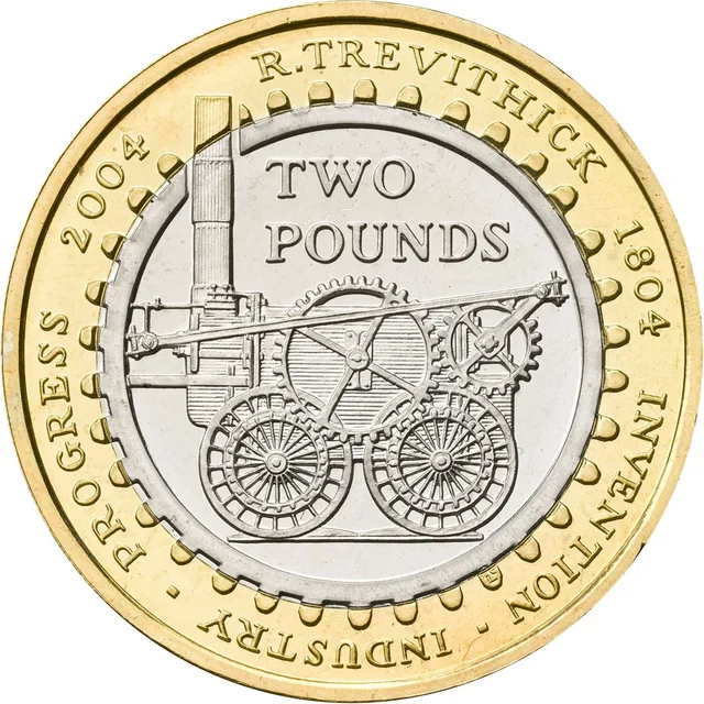 Trevithick's steam locomotive inside a cog wheel with TWO POUNDS above, R.TREVITHICK and dates round the rim
