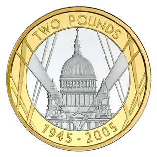 St Paul's Cathedral lit by searchlights, with TWO POUNDS above and the dates 1945-2005 below
