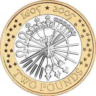 Crosiers, maces and swords in a Catherine wheel pattern ringed by stars, two dates above and TWO POUNDS below