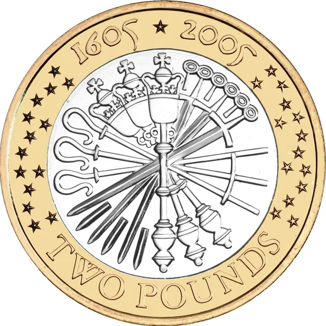 Crosiers, maces and swords in a Catherine wheel pattern ringed by stars, two dates above and TWO POUNDS below