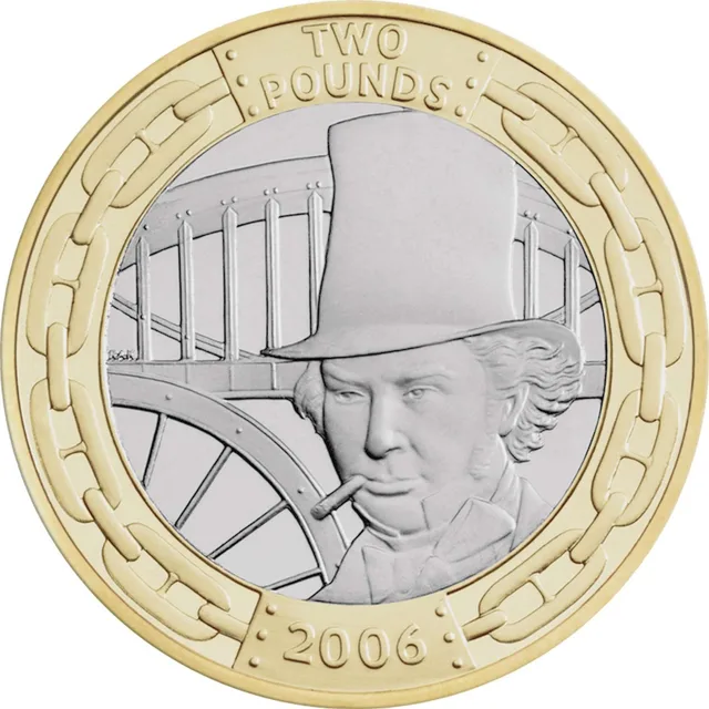 Brunel in a top hat with a cigar, a bridge behind him, chain links round the rim, TWO POUNDS above and 2006 below