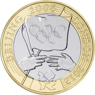 Olympic flag with five rings passed between two hands inside running-track lines, BEIJING 2008 and LONDON 2012 around