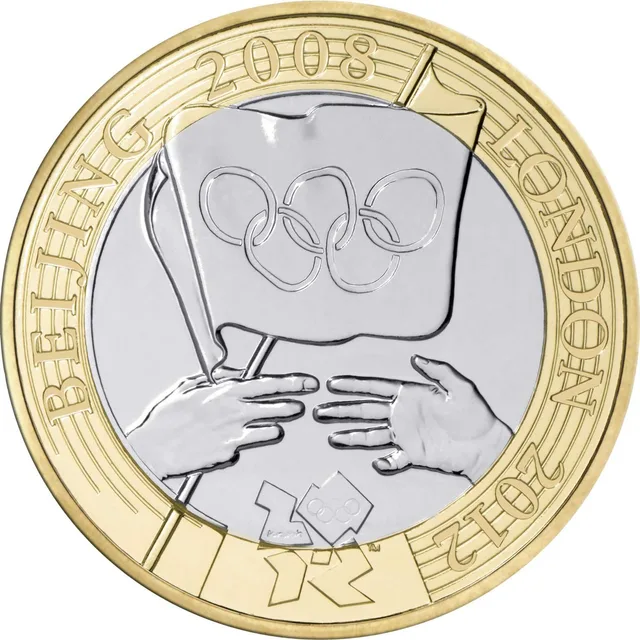 Olympic flag with five rings passed between two hands inside running-track lines, BEIJING 2008 and LONDON 2012 around