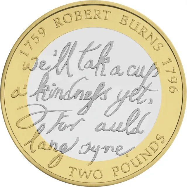A handwritten line from Auld Lang Syne filling the centre, with ROBERT BURNS and dates above and TWO POUNDS below