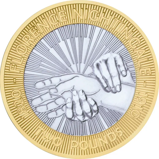 A nurse's hands taking a patient's pulse against rays of lamplight, with FLORENCE NIGHTINGALE and dates around