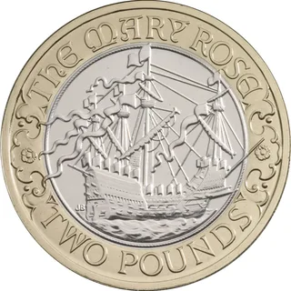The Mary Rose under sail heading right, with THE MARY ROSE above, TWO POUNDS below and a small rose on each side