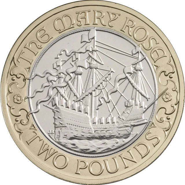 The Mary Rose under sail heading right, with THE MARY ROSE above, TWO POUNDS below and a small rose on each side