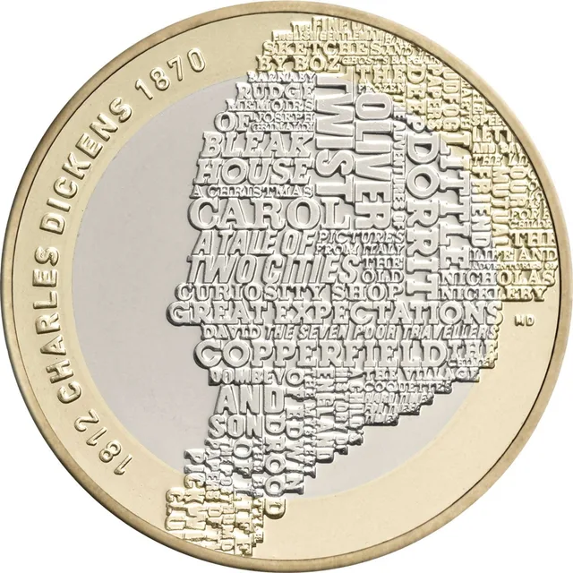 Charles Dickens in profile facing left, formed from the titles of his novels, with his name and dates up the left side