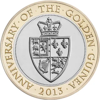 The crowned spade-shaped shield of George III's royal arms, with ANNIVERSARY OF THE GOLDEN GUINEA around and 2013 below