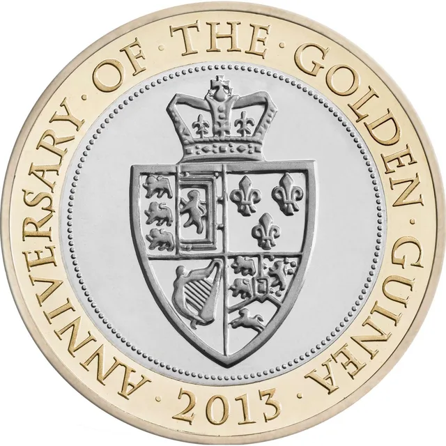 The crowned spade-shaped shield of George III's royal arms, with ANNIVERSARY OF THE GOLDEN GUINEA around and 2013 below