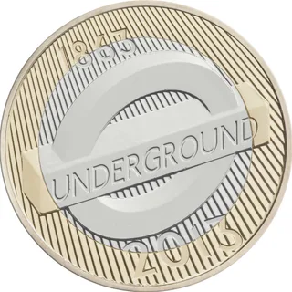 Tilted London Underground roundel with UNDERGROUND on its bar over fine slanting lines, a date above and 2013 below