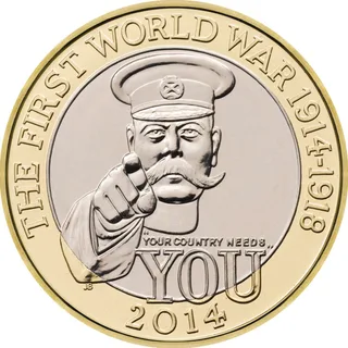 Lord Kitchener pointing straight at the viewer over YOUR COUNTRY NEEDS YOU, with the date 2014 at the bottom