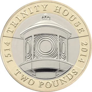 A lighthouse set inside its lens with beams shining left and right, TRINITY HOUSE and dates around, TWO POUNDS below