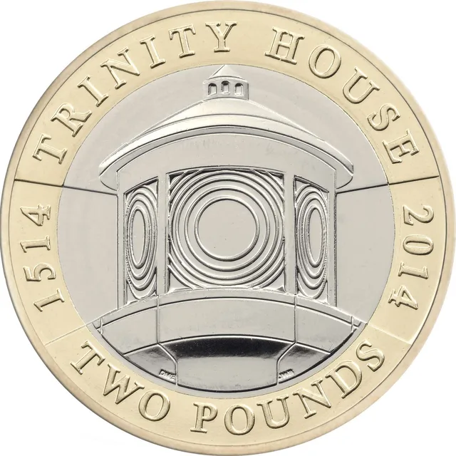 A lighthouse set inside its lens with beams shining left and right, TRINITY HOUSE and dates around, TWO POUNDS below