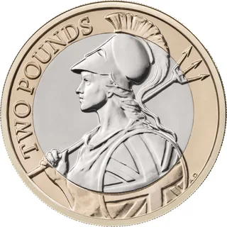 Britannia in a Corinthian helmet looking left, trident crossing the rim, Union flag shield, TWO POUNDS upper left