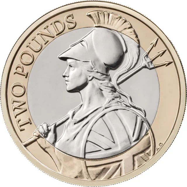 Britannia in a Corinthian helmet looking left, trident crossing the rim, Union flag shield, TWO POUNDS upper left