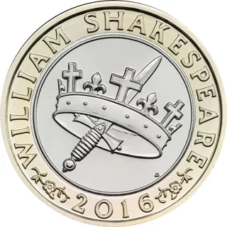 Royal crown pierced through the middle by a dagger, with WILLIAM SHAKESPEARE around and 2016 below
