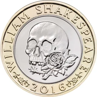 Skull facing left with a rose in front of its jaw, WILLIAM SHAKESPEARE around and 2016 between two sprigs below