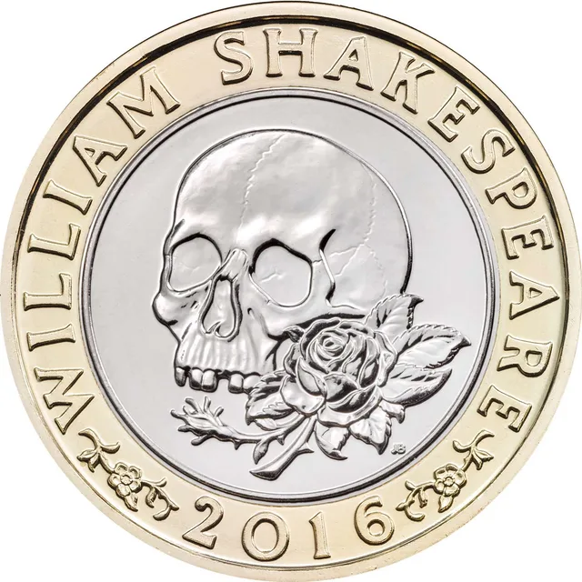 Skull facing left with a rose in front of its jaw, WILLIAM SHAKESPEARE around and 2016 between two sprigs below