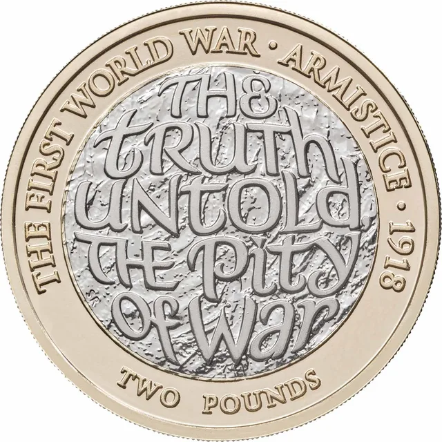 Hand-drawn lettering THE TRUTH UNTOLD THE PITY OF WAR over five lines, with ARMISTICE 1918 and TWO POUNDS around