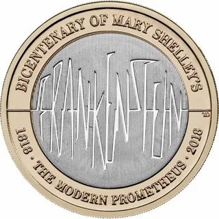 The word FRANKENSTEIN in jagged electric capitals over fine vertical lines, with BICENTENARY OF MARY SHELLEY'S above