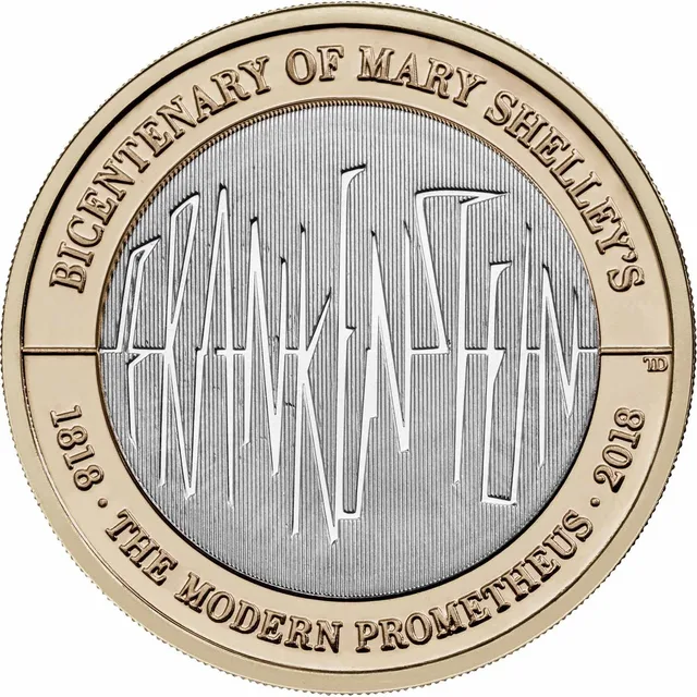 The word FRANKENSTEIN in jagged electric capitals over fine vertical lines, with BICENTENARY OF MARY SHELLEY'S above