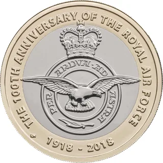 RAF badge of an eagle in flight across a ring reading PER ARDUA AD ASTRA under a crown, 1918 - 2018 below