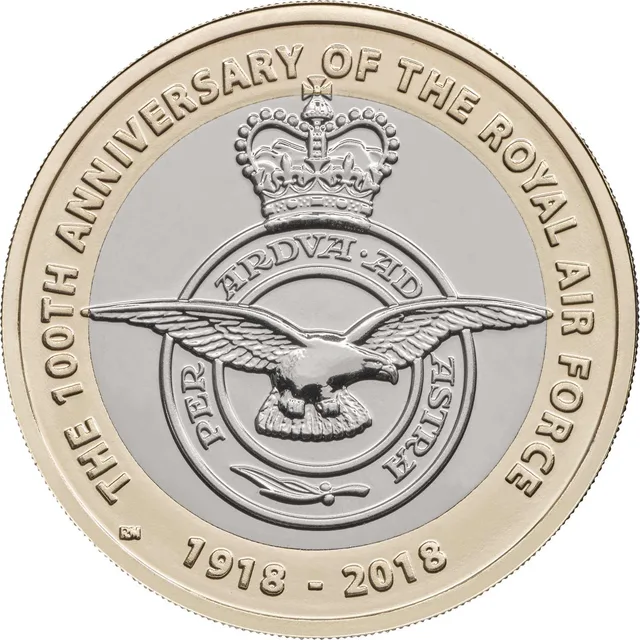 RAF badge of an eagle in flight across a ring reading PER ARDUA AD ASTRA under a crown, 1918 - 2018 below