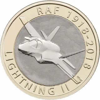 F-35 Lightning II jet flying towards the viewer at an angle, with RAF 1918-2018 above and LIGHTNING II below