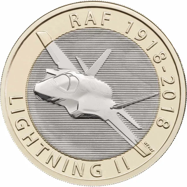 F-35 Lightning II jet flying towards the viewer at an angle, with RAF 1918-2018 above and LIGHTNING II below