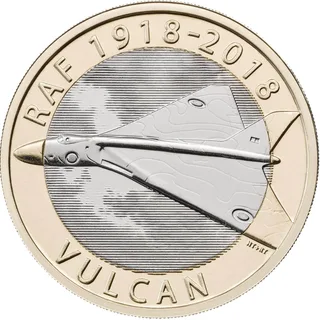 Avro Vulcan delta-wing bomber seen from above flying left, RAF 1918-2018 around the top and VULCAN below