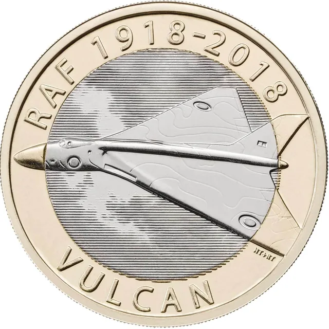 Avro Vulcan delta-wing bomber seen from above flying left, RAF 1918-2018 around the top and VULCAN below