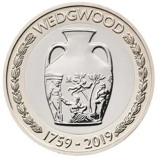 A two-handled Wedgwood vase with classical relief figures, WEDGWOOD above, dates below and laurel branches either side