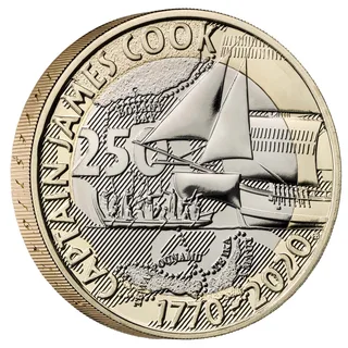 Bow of HM Bark Endeavour and a canoe over a map of Australia and New Zealand with BOTANY BAY marked