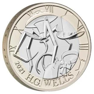 A four-legged Martian tripod and the Invisible Man before a clock face of Roman numerals, H.G. WELLS below