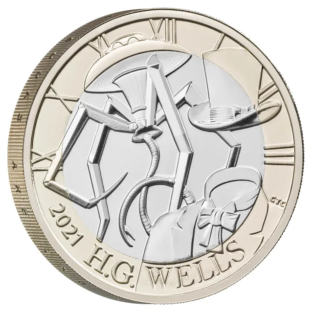 A four-legged Martian tripod and the Invisible Man before a clock face of Roman numerals, H.G. WELLS below