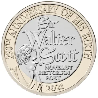 SIR WALTER SCOTT in ornate letters with NOVELIST HISTORIAN POET below and a small bust of Scott at the lower left