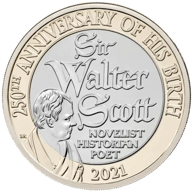SIR WALTER SCOTT in ornate letters with NOVELIST HISTORIAN POET below and a small bust of Scott at the lower left